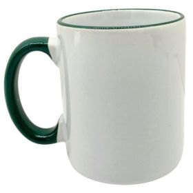 11oz White C-Handle Ceramic Mug with Green Trim & Handle