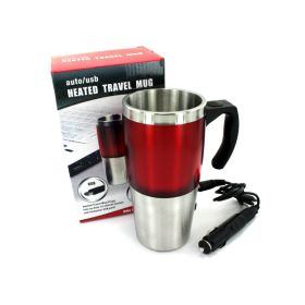 Heated travel mug with auto/USB hubs